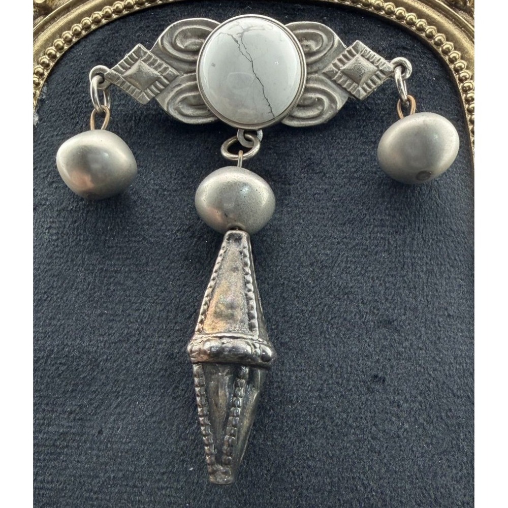 Vintage Kate Hines Bar Brooch White Center Stone Dangle Silver Tone Drops Signed